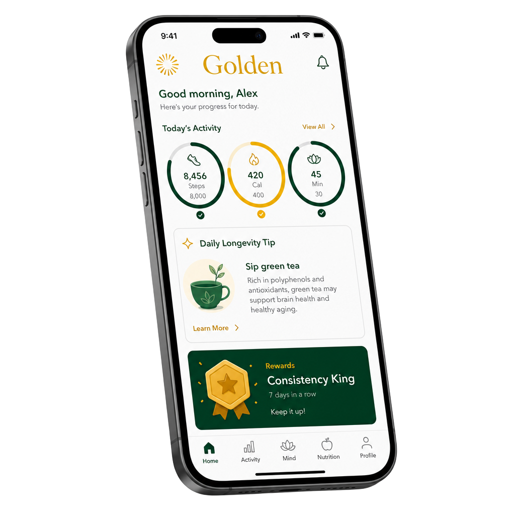 Golden app dashboard showing activity rings, a daily longevity tip, and a rewards badge