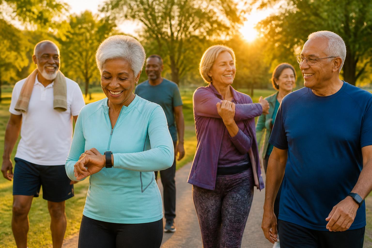 Five older adults walking and stretching together on a park path at sunset; one checks a smartwatch