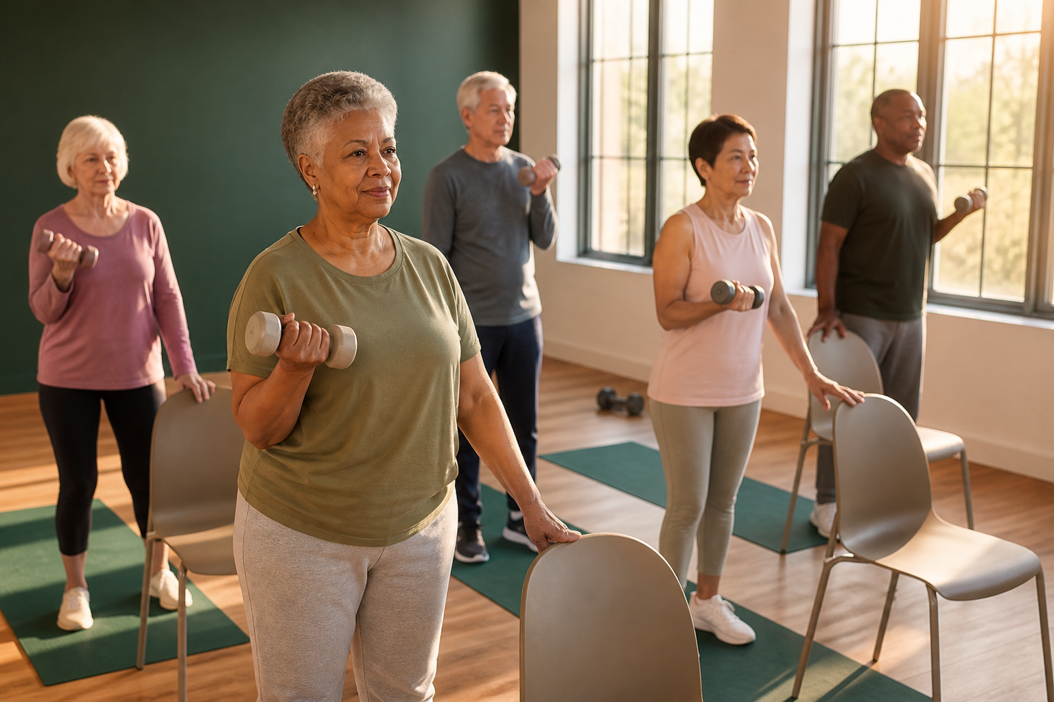 Adults about 70 in a small strength class using light weights.